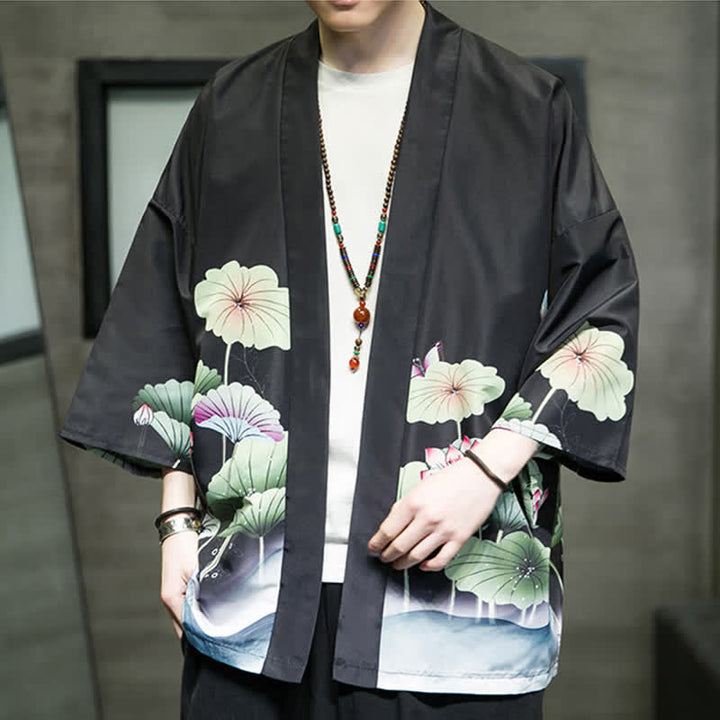 Buddha Stones Kimono d'été décontracté pour homme, imprimé feuilles de lotus, papillons et grues, ouvert sur le devant - image 19