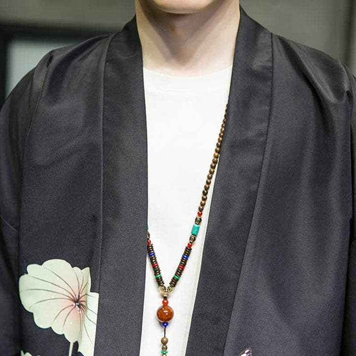 Buddha Stones Kimono d'été décontracté pour homme, imprimé feuilles de lotus, papillons et grues, ouvert sur le devant - image 21