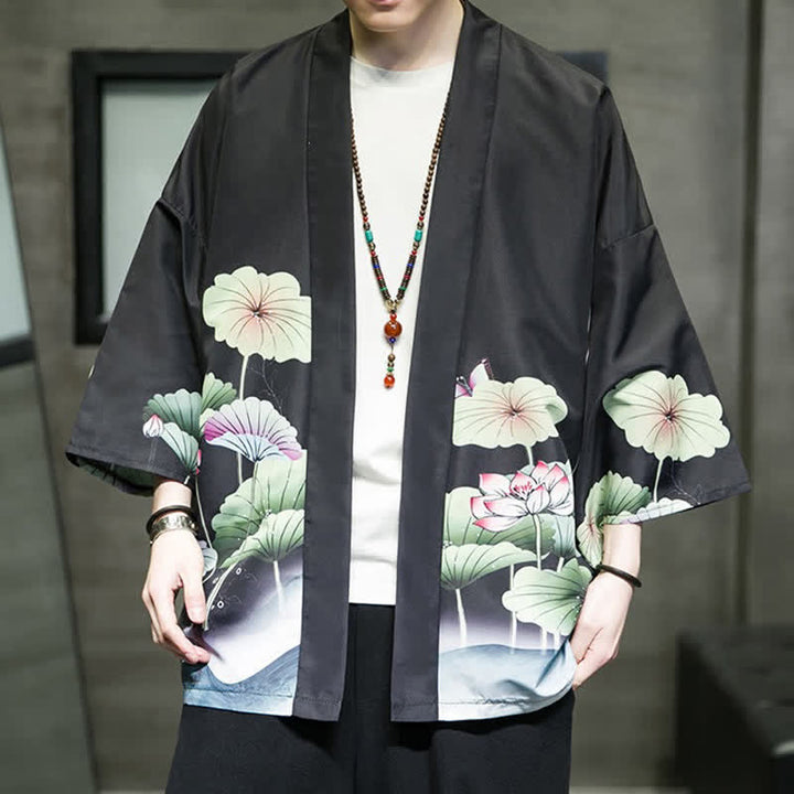 Buddha Stones Kimono d'été décontracté pour homme, imprimé feuilles de lotus, papillons et grues, ouvert sur le devant - image 15
