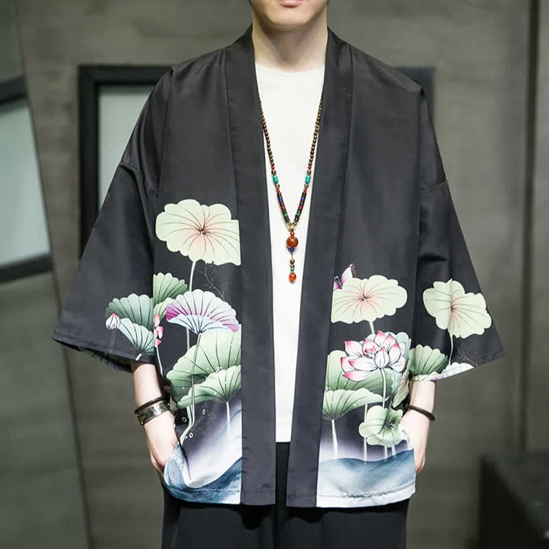Buddha Stones Kimono d'été décontracté pour homme, imprimé feuilles de lotus, papillons et grues, ouvert sur le devant - Noir - US/UK/AU48, EU58 (5XL) - image 12