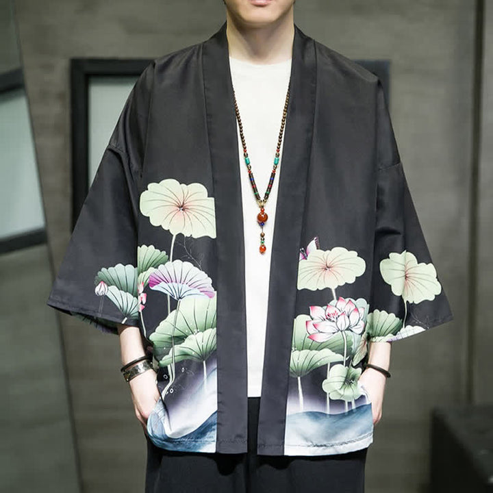Buddha Stones Kimono d'été décontracté pour homme, imprimé feuilles de lotus, papillons et grues, ouvert sur le devant - Noir - US/UK/AU48, EU58 (5XL) - image 12