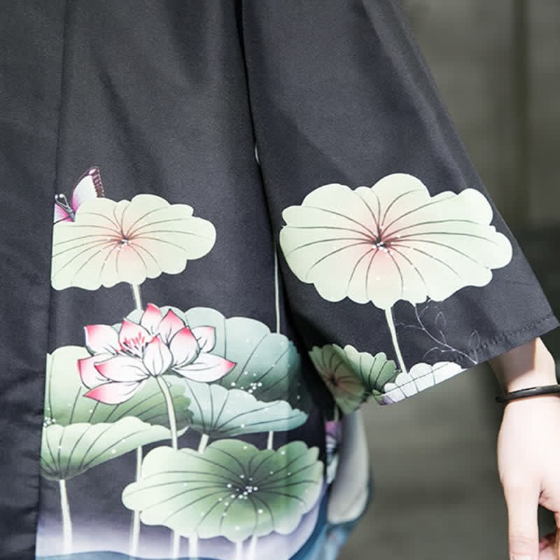 Buddha Stones Kimono d'été décontracté pour homme, imprimé feuilles de lotus, papillons et grues, ouvert sur le devant - image 23