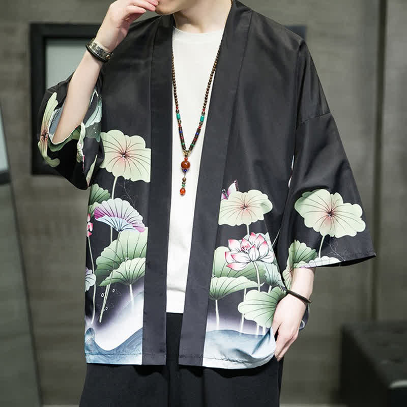 Buddha Stones Kimono d'été décontracté pour homme, imprimé feuilles de lotus, papillons et grues, ouvert sur le devant - image 17