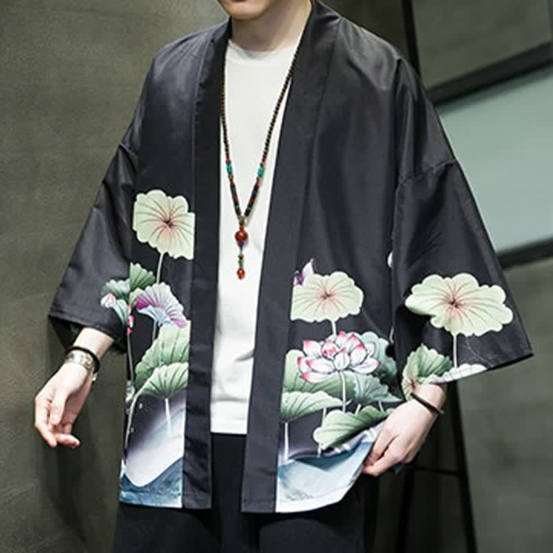 Buddha Stones Kimono d'été décontracté pour homme, imprimé feuilles de lotus, papillons et grues, ouvert sur le devant - image 18