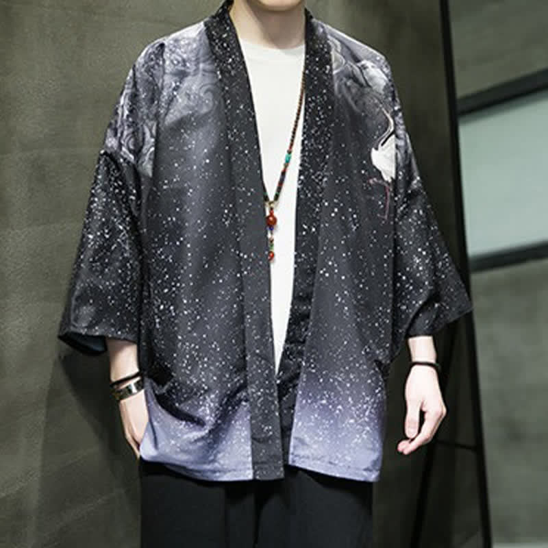 Buddha Stones Kimono d'été décontracté pour homme, imprimé feuilles de lotus, papillons et grues, ouvert sur le devant - image 28