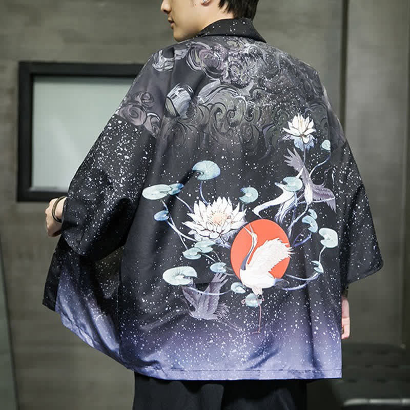Buddha Stones Kimono d'été décontracté pour homme, imprimé feuilles de lotus, papillons et grues, ouvert sur le devant - image 26