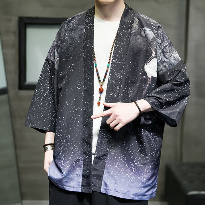 Buddha Stones Kimono d'été décontracté pour homme, imprimé feuilles de lotus, papillons et grues, ouvert sur le devant - image 29