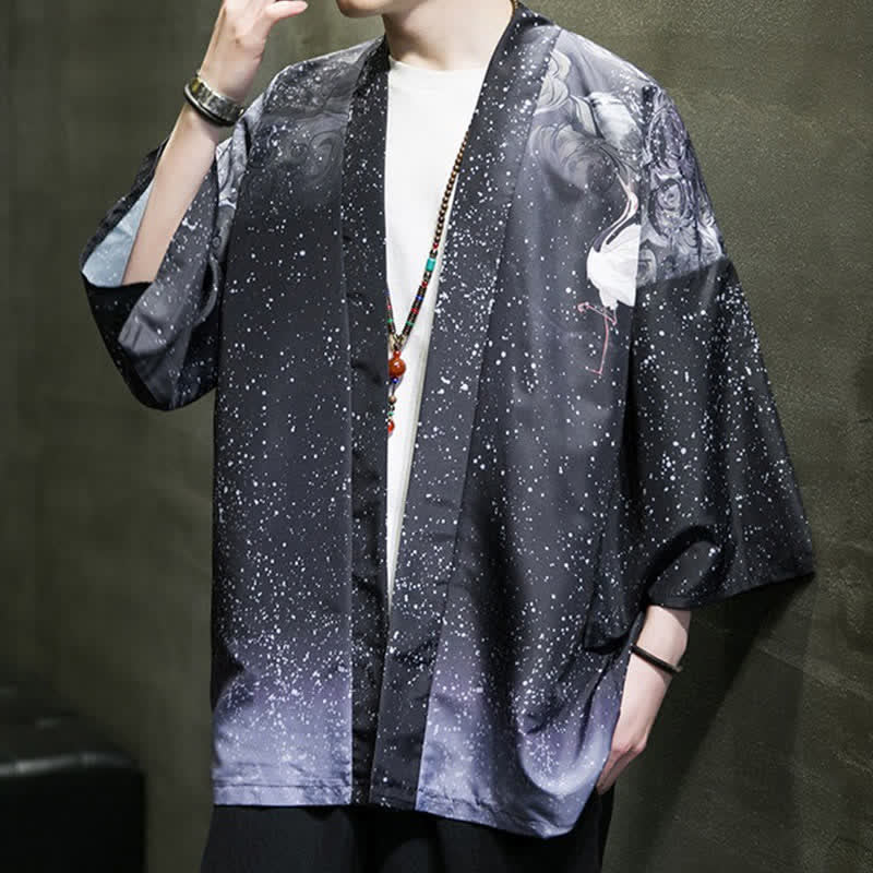 Buddha Stones Kimono d'été décontracté pour homme, imprimé feuilles de lotus, papillons et grues, ouvert sur le devant - image 25
