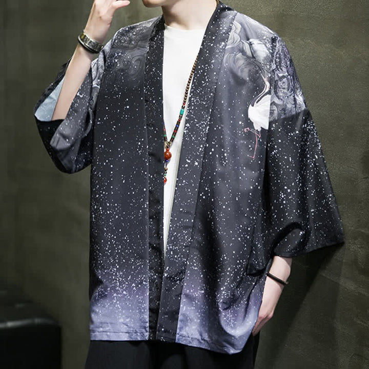 Buddha Stones Kimono d'été décontracté pour homme, imprimé feuilles de lotus, papillons et grues, ouvert sur le devant - image 25