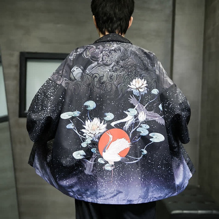 Buddha Stones Kimono d'été décontracté pour homme, imprimé feuilles de lotus, papillons et grues, ouvert sur le devant - image 30
