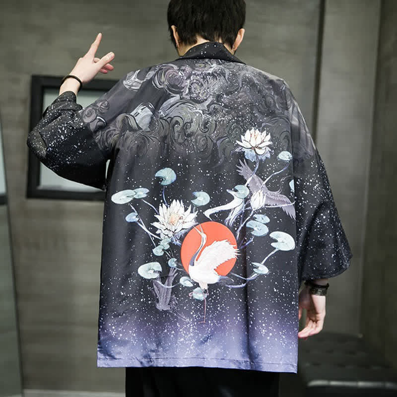 Buddha Stones Kimono d'été décontracté pour homme, imprimé feuilles de lotus, papillons et grues, ouvert sur le devant - image 31