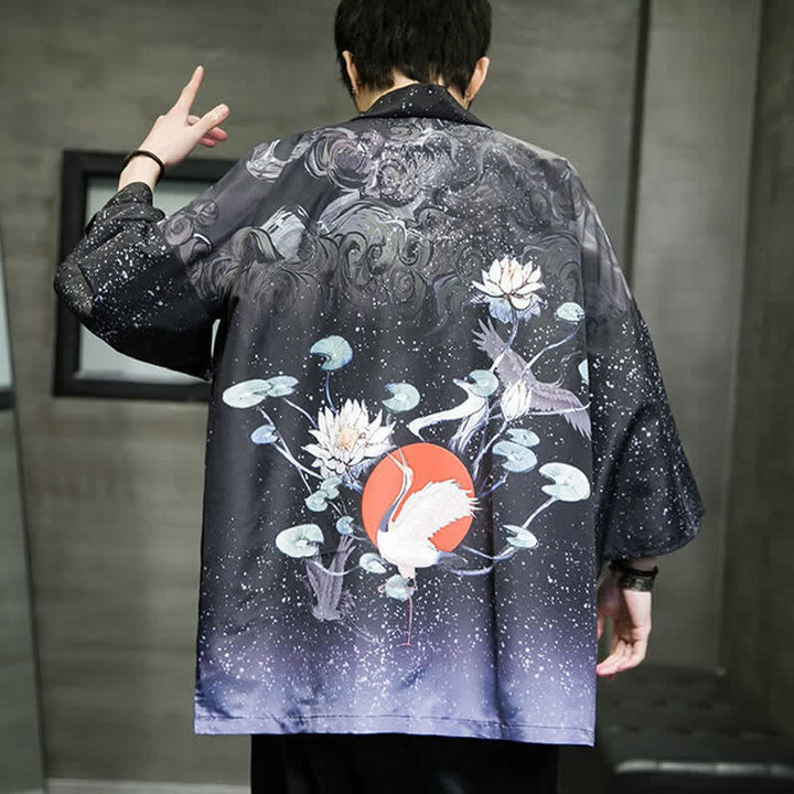 Buddha Stones Kimono d'été décontracté pour homme, imprimé feuilles de lotus, papillons et grues, ouvert sur le devant - image 31