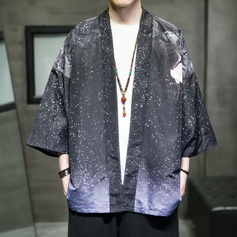 Buddha Stones Kimono d'été décontracté pour homme, imprimé feuilles de lotus, papillons et grues, ouvert sur le devant - Bleu ardoise foncé - US/UK/AU48, EU58 (5XL) - image 24