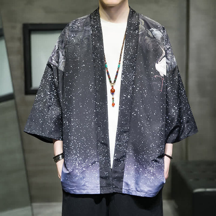 Buddha Stones Kimono d'été décontracté pour homme, imprimé feuilles de lotus, papillons et grues, ouvert sur le devant - Bleu ardoise foncé - US/UK/AU48, EU58 (5XL) - image 24
