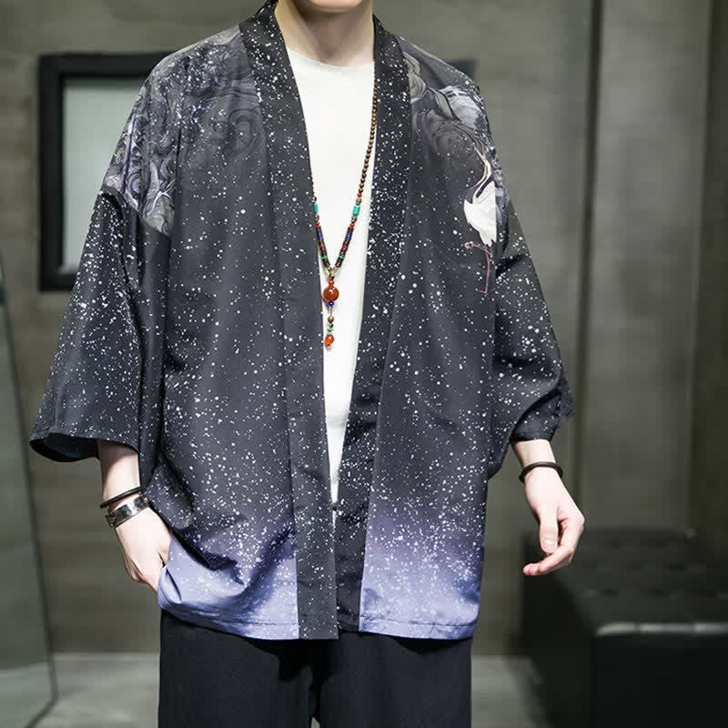 Buddha Stones Kimono d'été décontracté pour homme, imprimé feuilles de lotus, papillons et grues, ouvert sur le devant - image 27