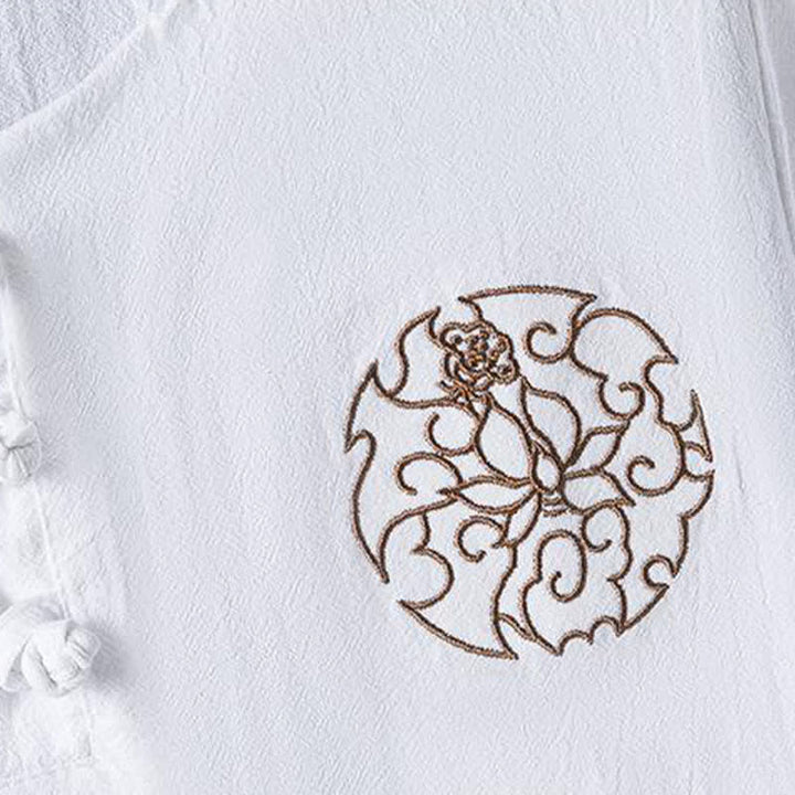 Buddha Stones Chemises à manches courtes pour hommes, style décontracté d'été, avec boutons grenouille et broderie florale - image 5