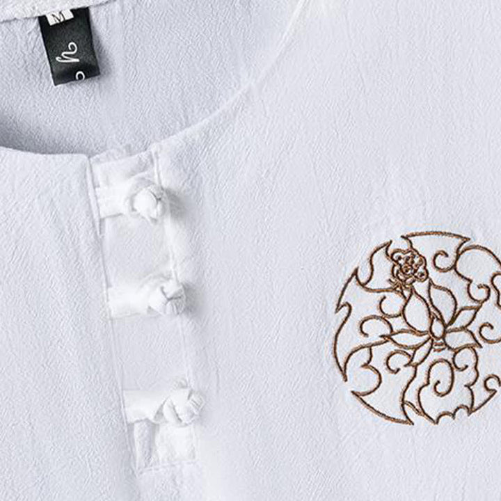 Buddha Stones Chemises à manches courtes pour hommes, style décontracté d'été, avec boutons grenouille et broderie florale - image 4