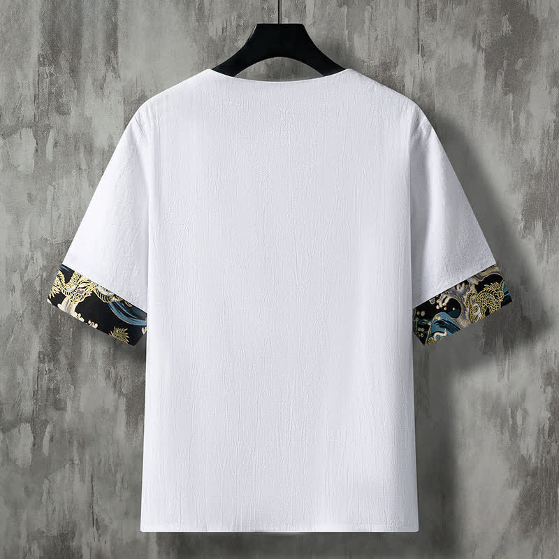 Buddha Stones Chemises à manches courtes pour hommes, style décontracté d'été, avec boutons grenouille et broderie florale - image 1