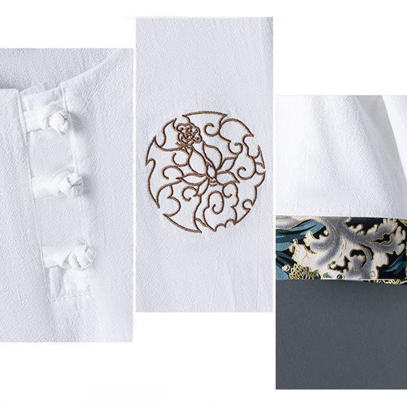 Buddha Stones Chemises à manches courtes pour hommes, style décontracté d'été, avec boutons grenouille et broderie florale - image 6