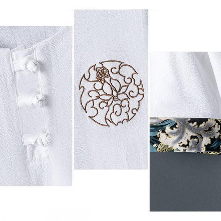 Buddha Stones Chemises à manches courtes pour hommes, style décontracté d'été, avec boutons grenouille et broderie florale - image 6