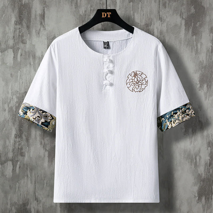 Buddha Stones Chemises à manches courtes pour hommes, style décontracté d'été, avec boutons grenouille et broderie florale - Blanc - US/UK/AU48, EU58 (5XL) - image 0