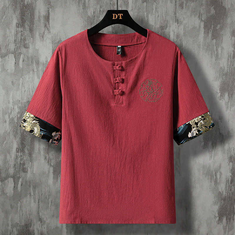 Buddha Stones Chemises à manches courtes pour hommes, style décontracté d'été, avec boutons grenouille et broderie florale - Bordeaux - US/UK/AU48, EU58 (5XL) - image 12
