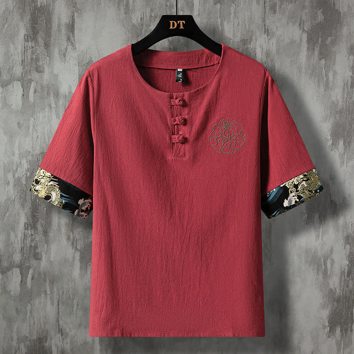 Buddha Stones Chemises à manches courtes pour hommes, style décontracté d'été, avec boutons grenouille et broderie florale - Bordeaux - US/UK/AU48, EU58 (5XL) - image 12
