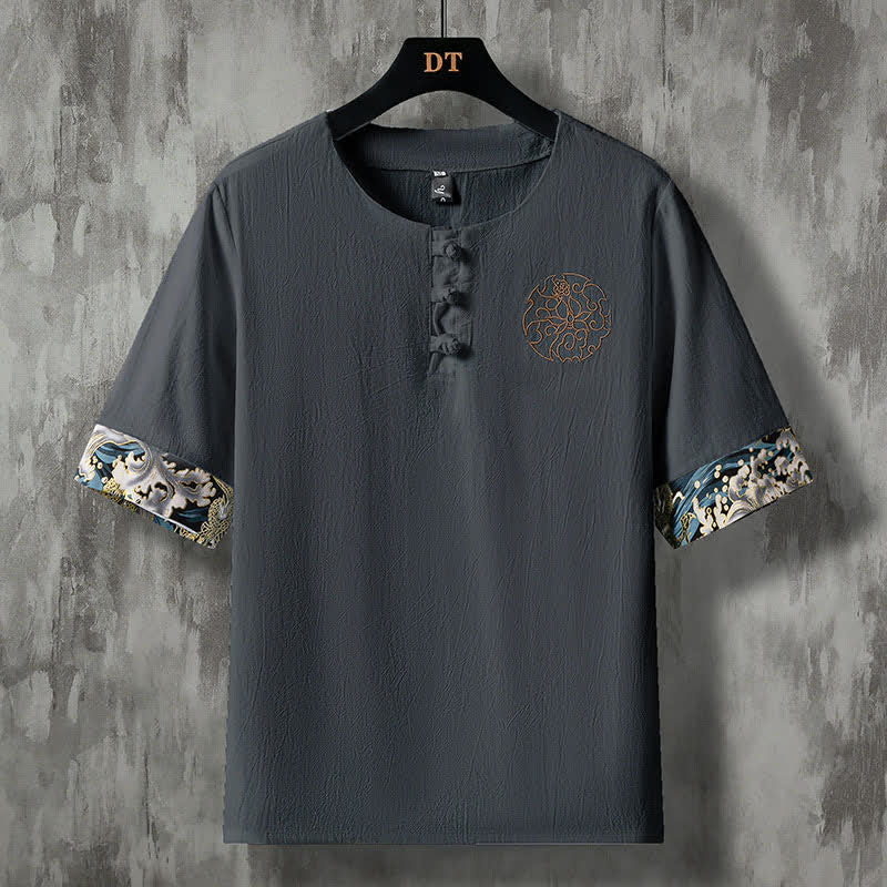Buddha Stones Chemises à manches courtes pour hommes, style décontracté d'été, avec boutons grenouille et broderie florale - Gris terne - US/UK/AU48, EU58 (5XL) - image 10