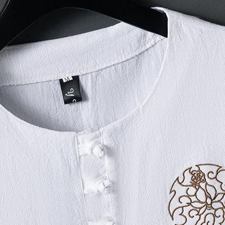 Buddha Stones Chemises à manches courtes pour hommes, style décontracté d'été, avec boutons grenouille et broderie florale - image 2