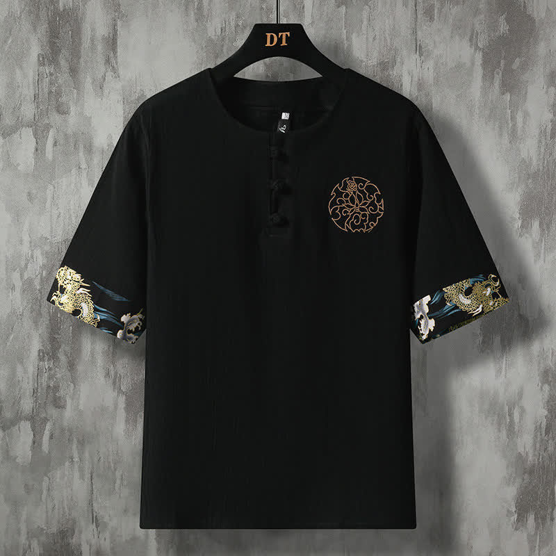 Buddha Stones Chemises à manches courtes pour hommes, style décontracté d'été, avec boutons grenouille et broderie florale - Noir - US/UK/AU48, EU58 (5XL) - image 11