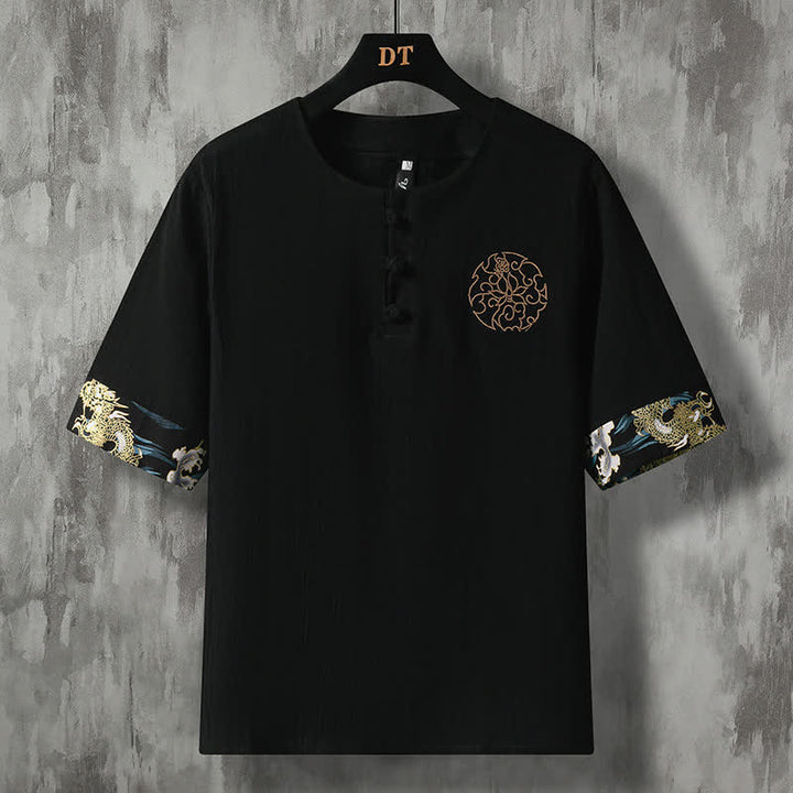 Buddha Stones Chemises à manches courtes pour hommes, style décontracté d'été, avec boutons grenouille et broderie florale - Noir - US/UK/AU48, EU58 (5XL) - image 11