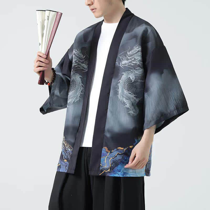 Buddha Stones Kimono d'été décontracté pour homme, motif montagnes de dragons, ouvert sur le devant - image 1