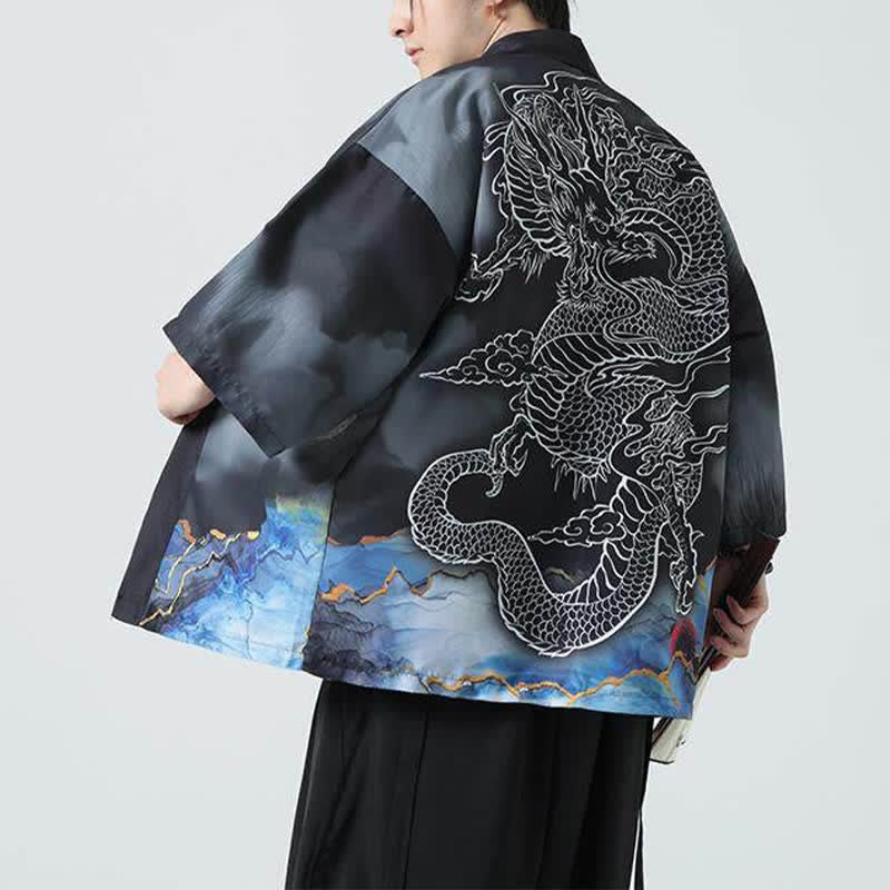 Buddha Stones Kimono d'été décontracté pour homme, motif montagnes de dragons, ouvert sur le devant - image 3