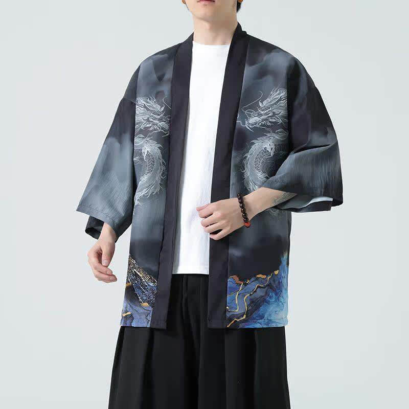 Buddha Stones Kimono d'été décontracté pour homme, motif montagnes de dragons, ouvert sur le devant - Noir - US/UK/AU48, EU58 (5XL) - image 0