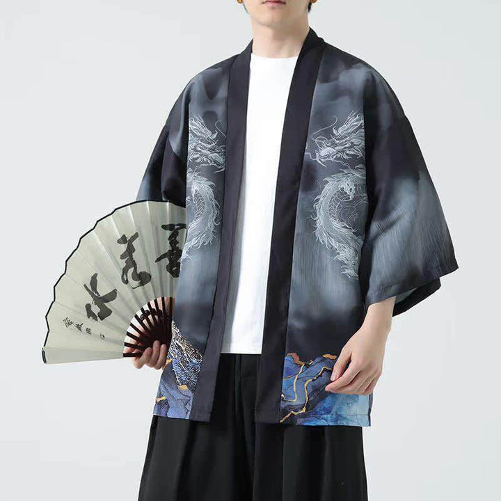 Buddha Stones Kimono d'été décontracté pour homme, motif montagnes de dragons, ouvert sur le devant - image 2