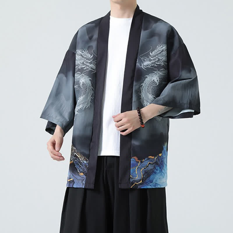 Buddha Stones Kimono d'été décontracté pour homme, motif montagnes de dragons, ouvert sur le devant - image 5