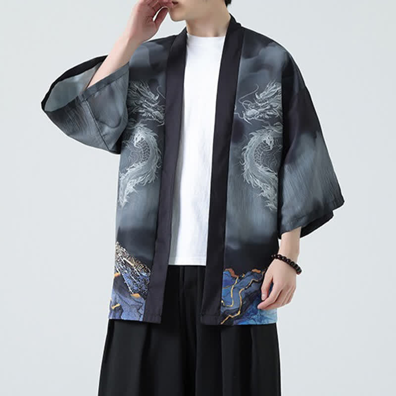 Buddha Stones Kimono d'été décontracté pour homme, motif montagnes de dragons, ouvert sur le devant - image 4