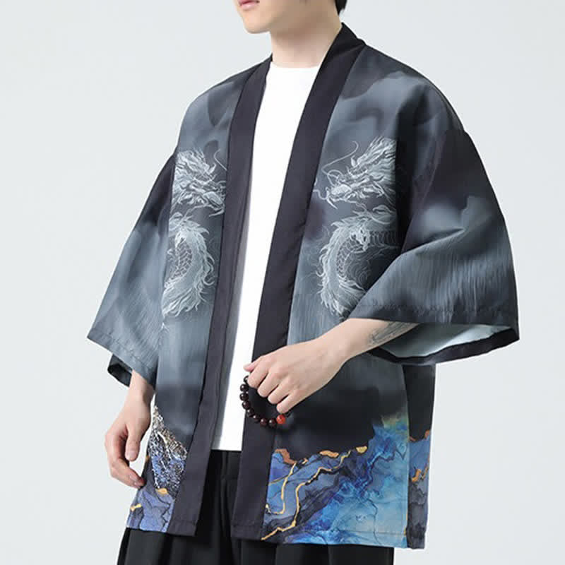 Buddha Stones Kimono d'été décontracté pour homme, motif montagnes de dragons, ouvert sur le devant - image 6