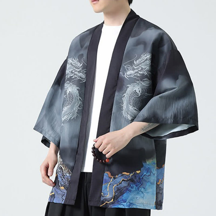 Buddha Stones Kimono d'été décontracté pour homme, motif montagnes de dragons, ouvert sur le devant - image 6