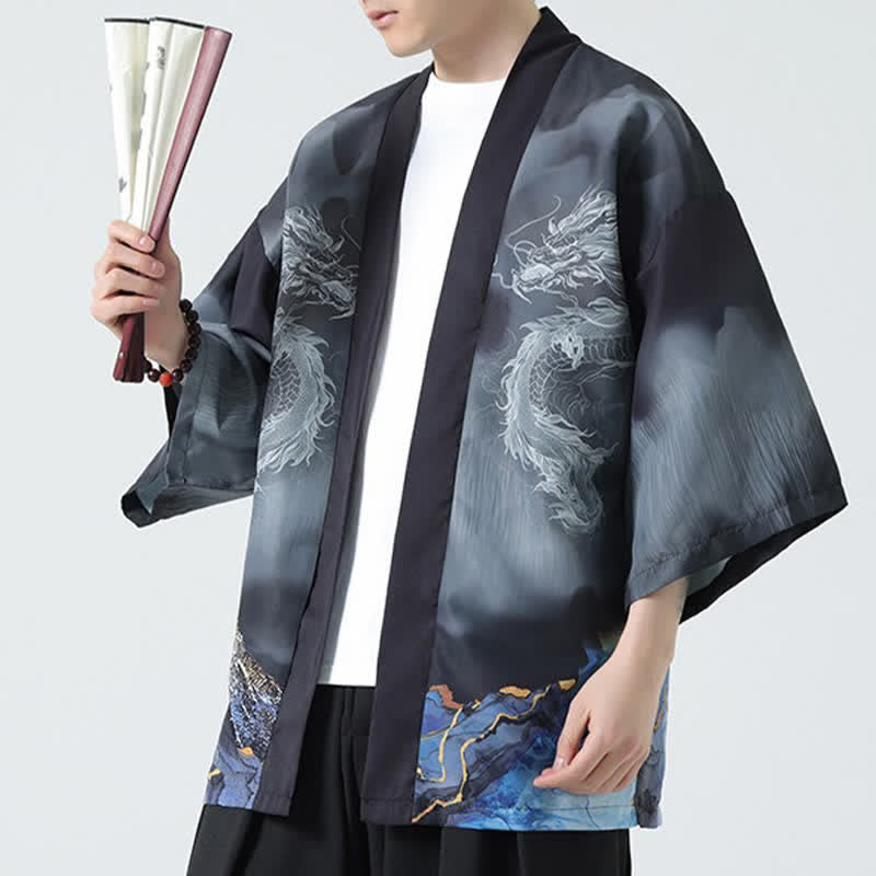 Buddha Stones Kimono d'été décontracté pour homme, motif montagnes de dragons, ouvert sur le devant - image 7