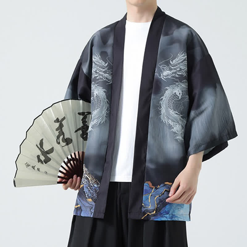 Buddha Stones Kimono d'été décontracté pour homme, motif montagnes de dragons, ouvert sur le devant - image 8