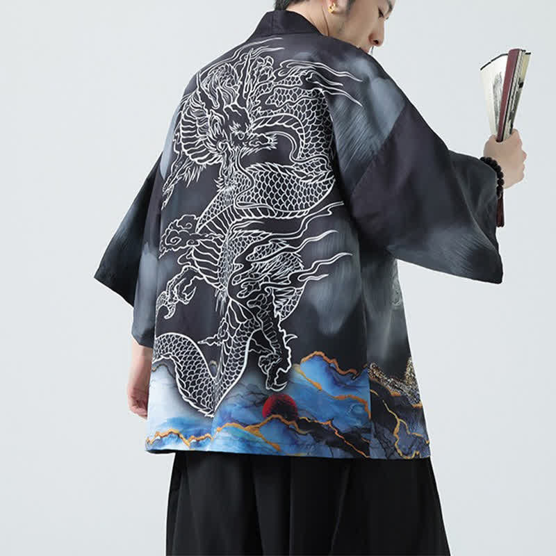 Buddha Stones Kimono d'été décontracté pour homme, motif montagnes de dragons, ouvert sur le devant - image 9