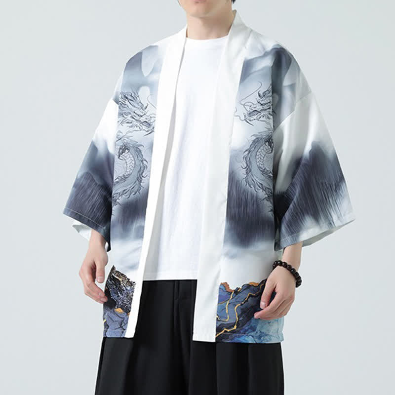 Buddha Stones Kimono d'été décontracté pour homme, motif montagnes de dragons, ouvert sur le devant - WhiteSmoke - US/UK/AU48, EU58 (5XL) - image 13