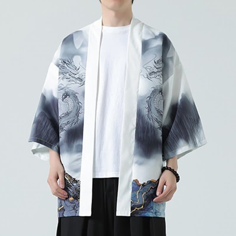 Buddha Stones Kimono d'été décontracté pour homme, motif montagnes de dragons, ouvert sur le devant - image 15