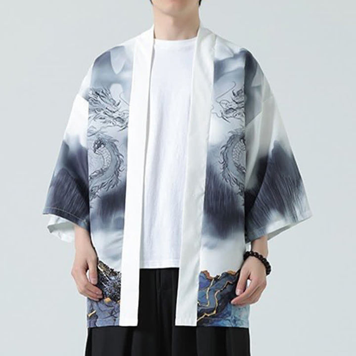 Buddha Stones Kimono d'été décontracté pour homme, motif montagnes de dragons, ouvert sur le devant - image 15