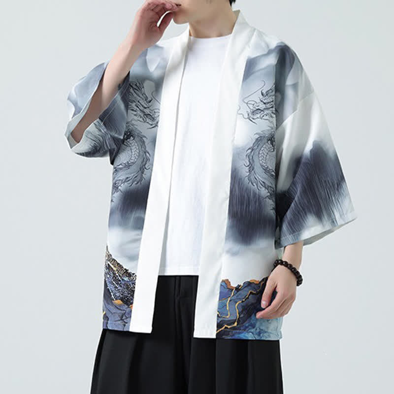 Buddha Stones Kimono d'été décontracté pour homme, motif montagnes de dragons, ouvert sur le devant - image 14