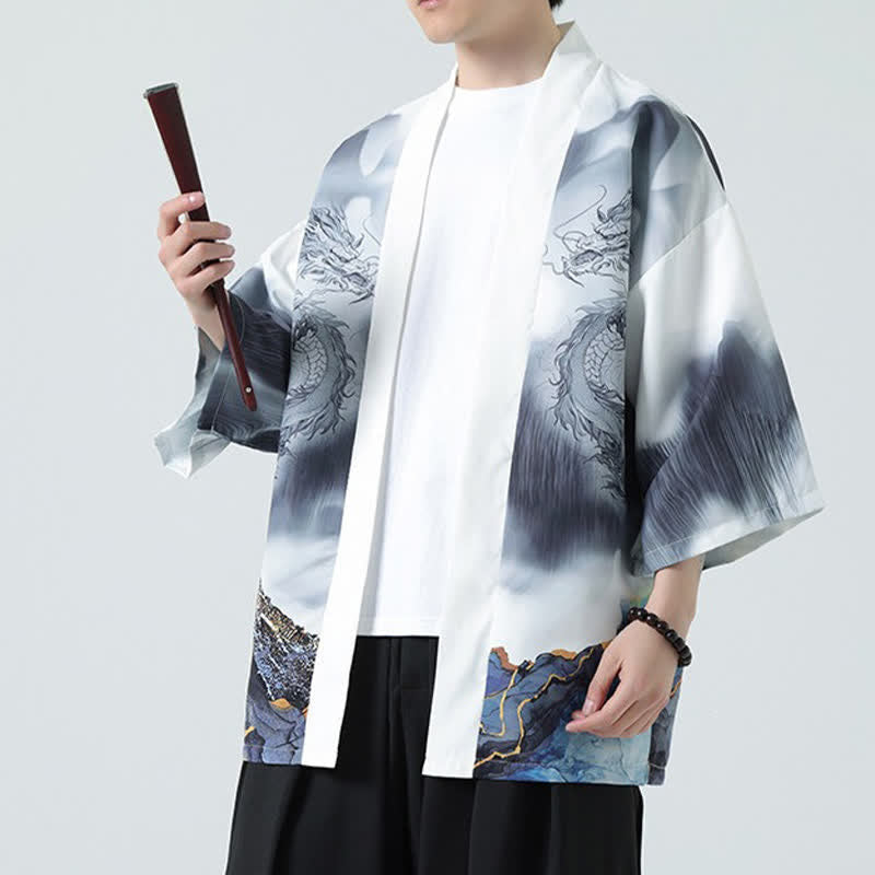 Buddha Stones Kimono d'été décontracté pour homme, motif montagnes de dragons, ouvert sur le devant - image 16