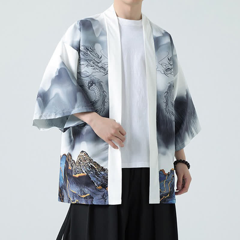 Buddha Stones Kimono d'été décontracté pour homme, motif montagnes de dragons, ouvert sur le devant - image 19