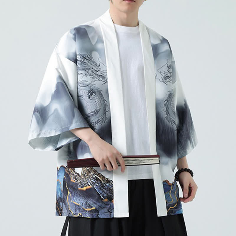 Buddha Stones Kimono d'été décontracté pour homme, motif montagnes de dragons, ouvert sur le devant - image 18