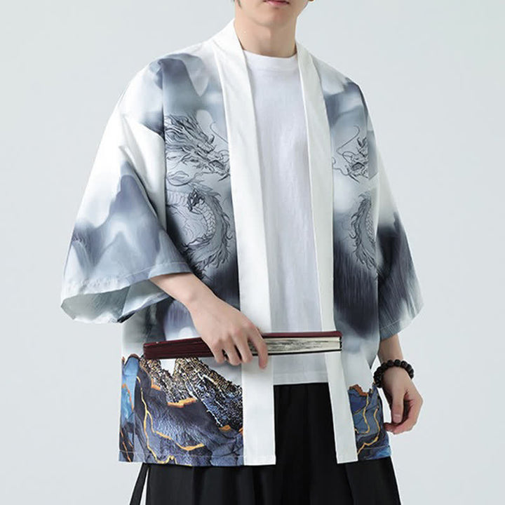 Buddha Stones Kimono d'été décontracté pour homme, motif montagnes de dragons, ouvert sur le devant - image 18